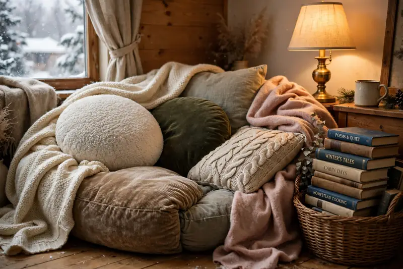 Floor cushion nest with large cushions blankets and books in a cozy winter corner