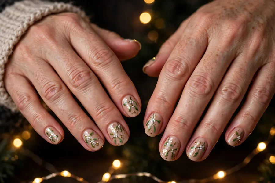 Glitter mistletoe branches on mistletoe nails on real hands under Christmas lights