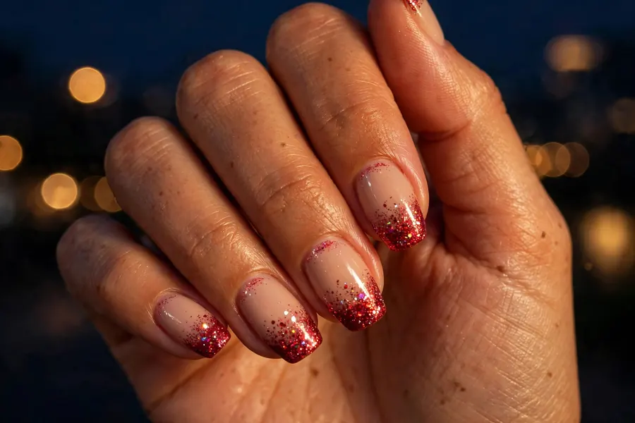 Ruby glitter tip Valentine's Day nails with red sparkle gradient