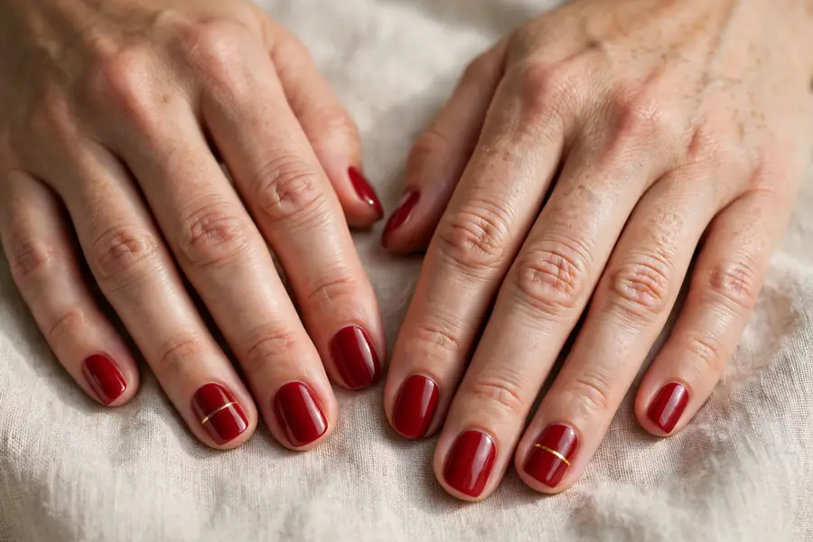 Classic red nails with a thin gold stripe accent on real hands