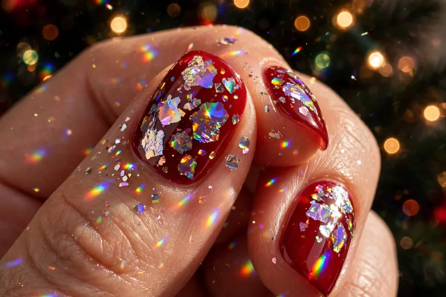 Chunky holographic red glitter nails