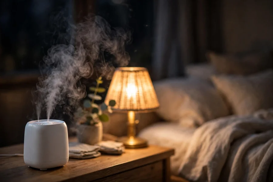 Bedroom humidifier releasing a gentle cool mist at night