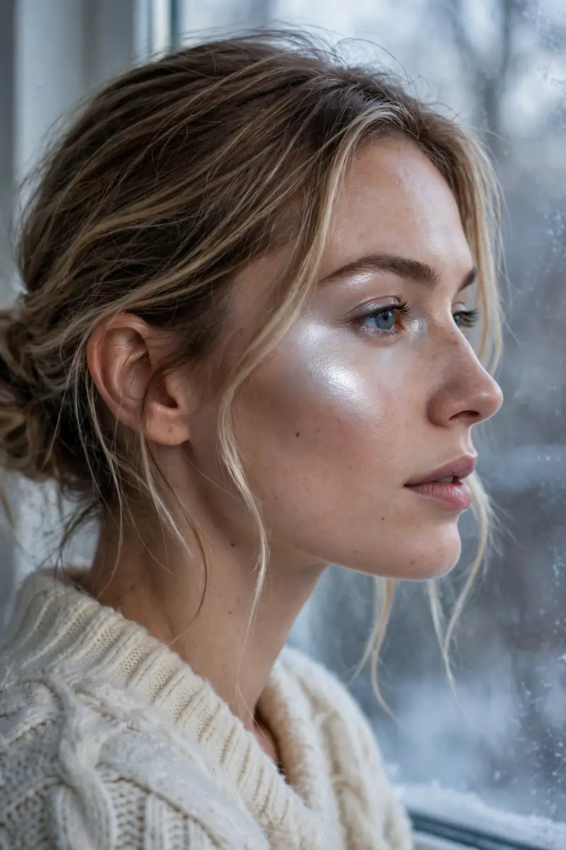 Icy highlighter sculpting the cheekbones in frosted makeup
