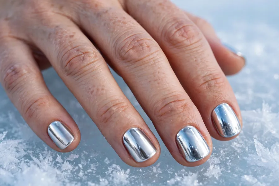 Icy silver chrome december nail ideas with a mirror shine finish