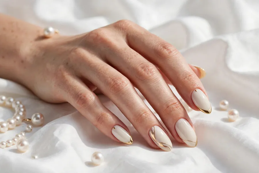 Hand with ivory nails and delicate gold chrome accents