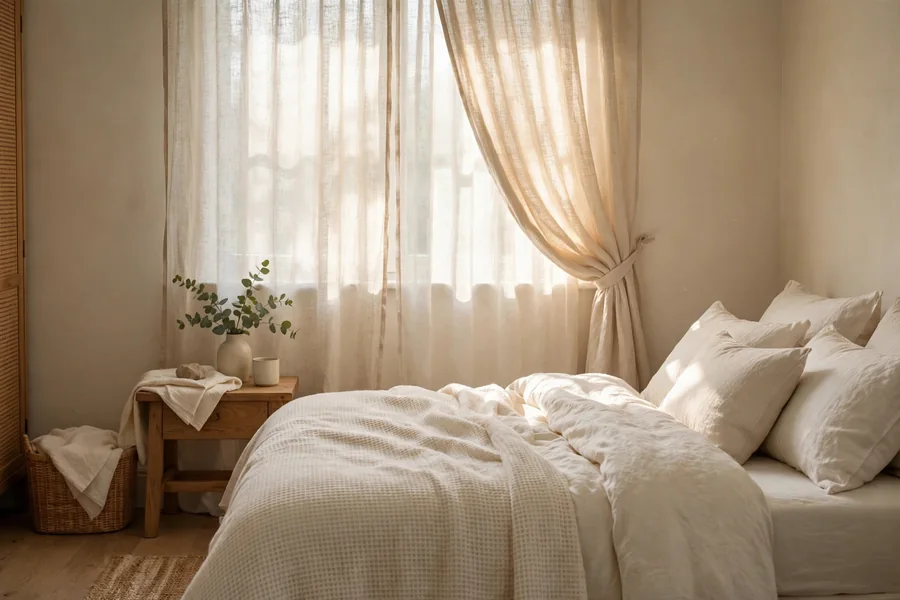 linen curtains softly filtering morning light in a cozy bedroom
