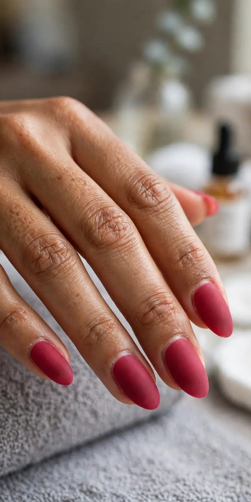 Matte raspberry jelly nails with a velvety non-shiny finish