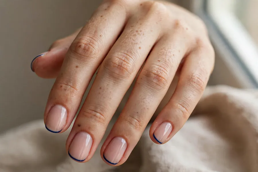 Navy blue micro French nails on nude base