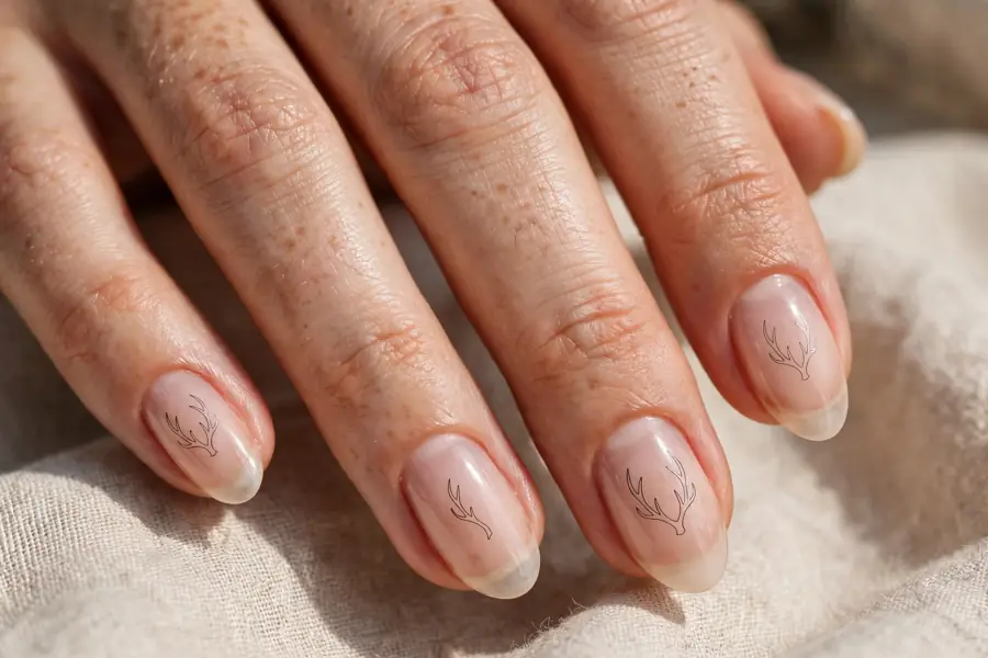 Minimal single line antler outline reindeer nails on real hands
