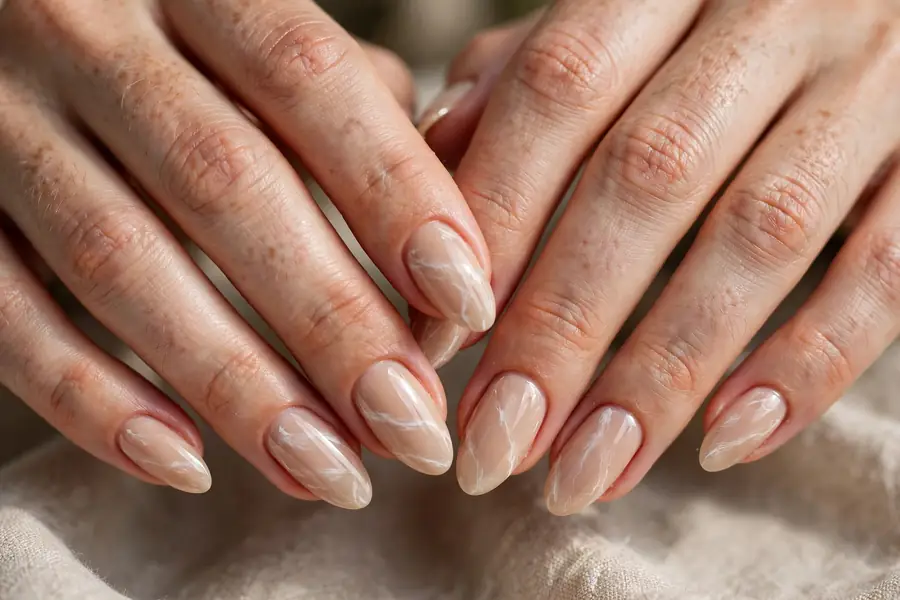 Nude marble nails with subtle white veining