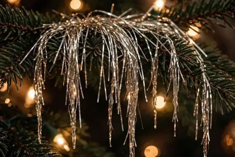 Vintage lead tinsel icicles draped over dark green Christmas tree branches