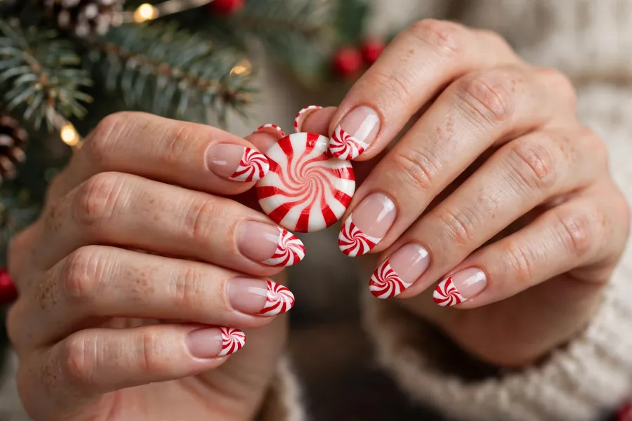 Peppermint swirl Christmas French tip nails on real hands holding a peppermint candy