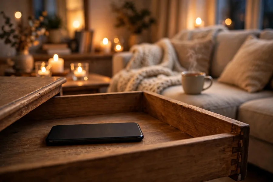 Phone-free cozy evening with candles for fall self care routine