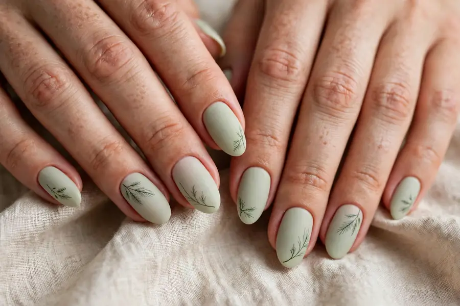 Minimal pine branch line art on evergreen nails on real hands
