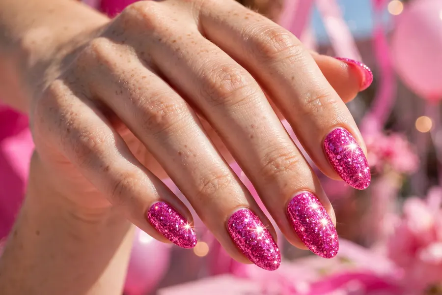 Hot pink glitter birthday nails
