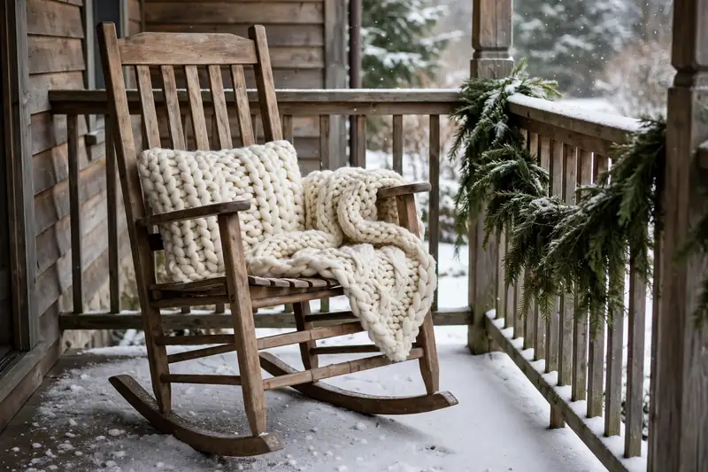 Photorealistic photograph of a wooden rocking chair with a chunky knit throw and cushion on a snowy front porch
