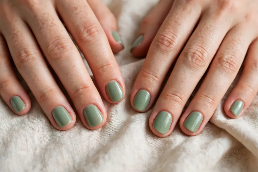 Sage green polish on short natural nails