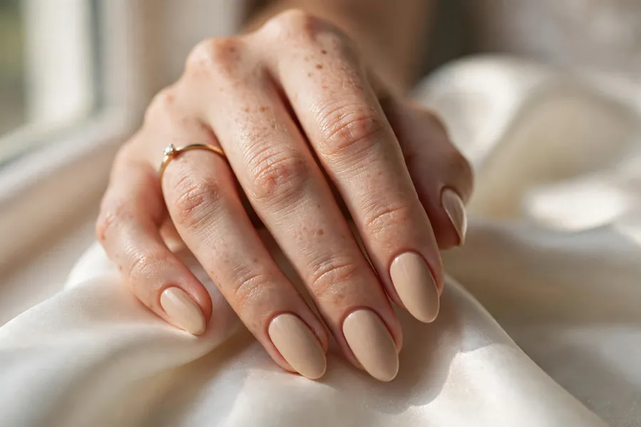 Satin nude bridal nails matched to natural skin tone