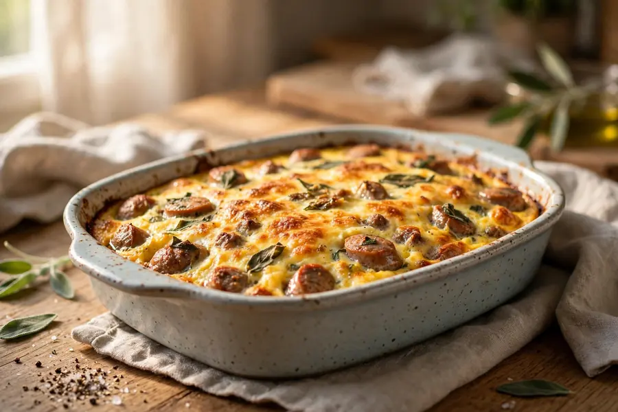 Sausage and sage egg bake in a ceramic dish with golden top