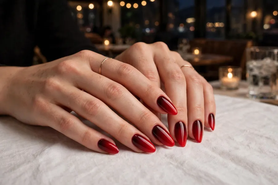 Scarlet red ombre date night nails fading on real hands in a softly lit bistro