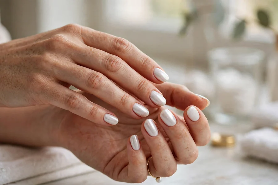 Short almond milky white chrome nails, a practical chic manicure