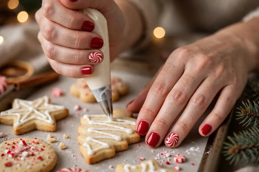 Short peppermint nails with red and white swirls on real hands