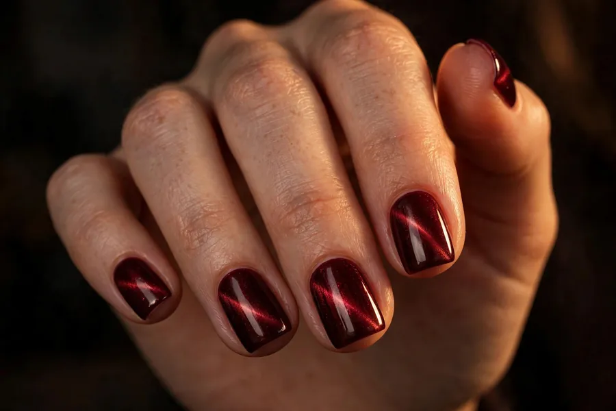 Short square dark cherry cat eye nails