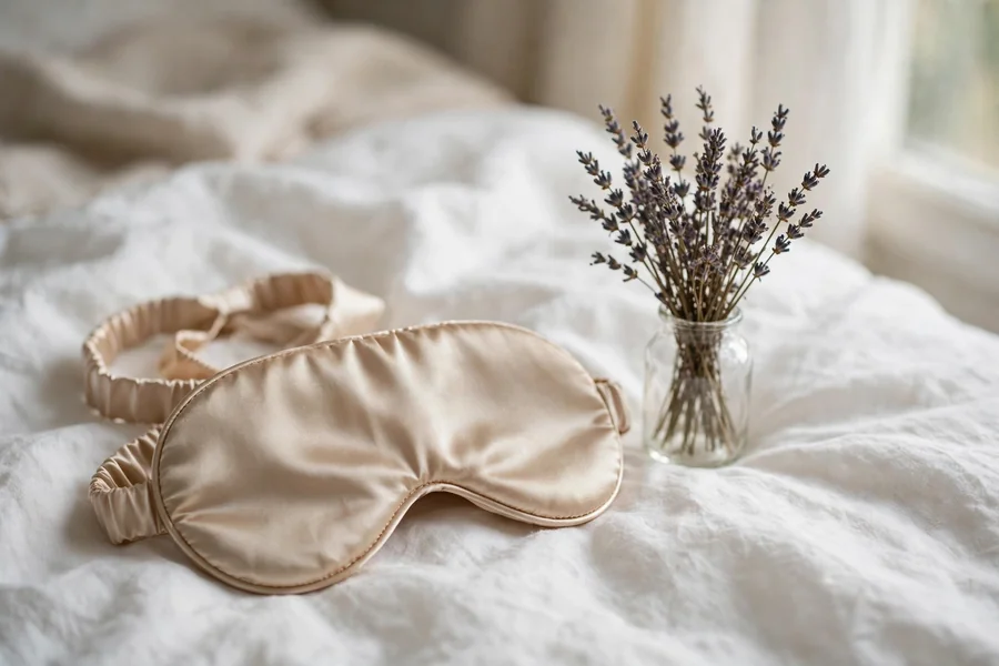 Champagne silk sleep mask on white bed linens with dried lavender