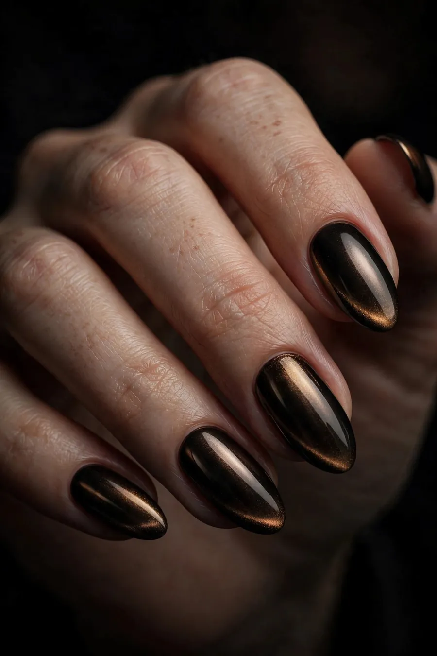 Smoky quartz gothic chrome nails in espresso brown-black