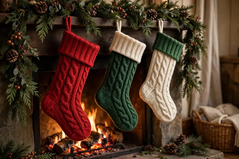 Knitted Christmas stockings with names hung in a row on a mantel