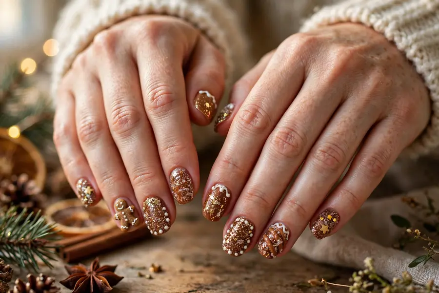 Sugar glitter gingerbread nails with sparkling brown and gold glitter on real hands