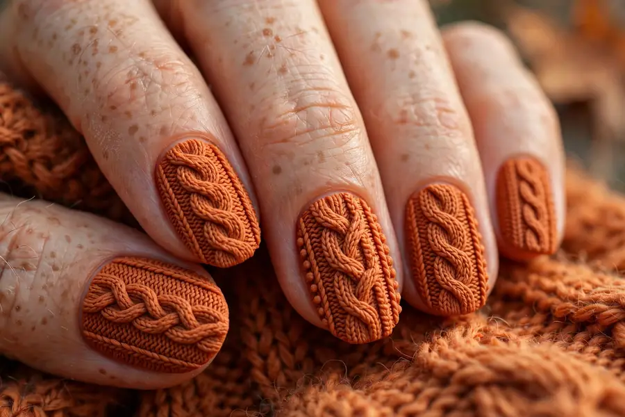 Terracotta cable-knit sweater texture nails