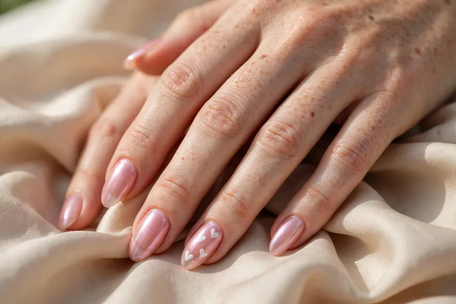 Jelly pink chrome nails with tiny white hand-painted hearts