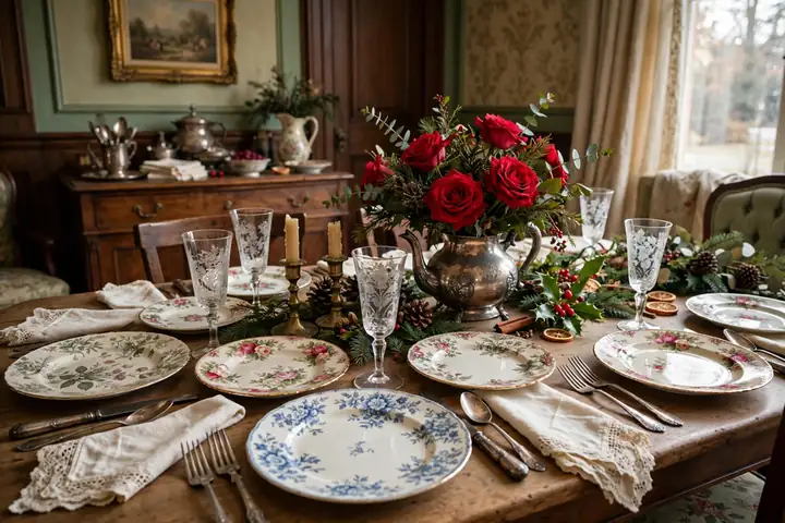 Vintage mix-and-match floral china on a christmas table