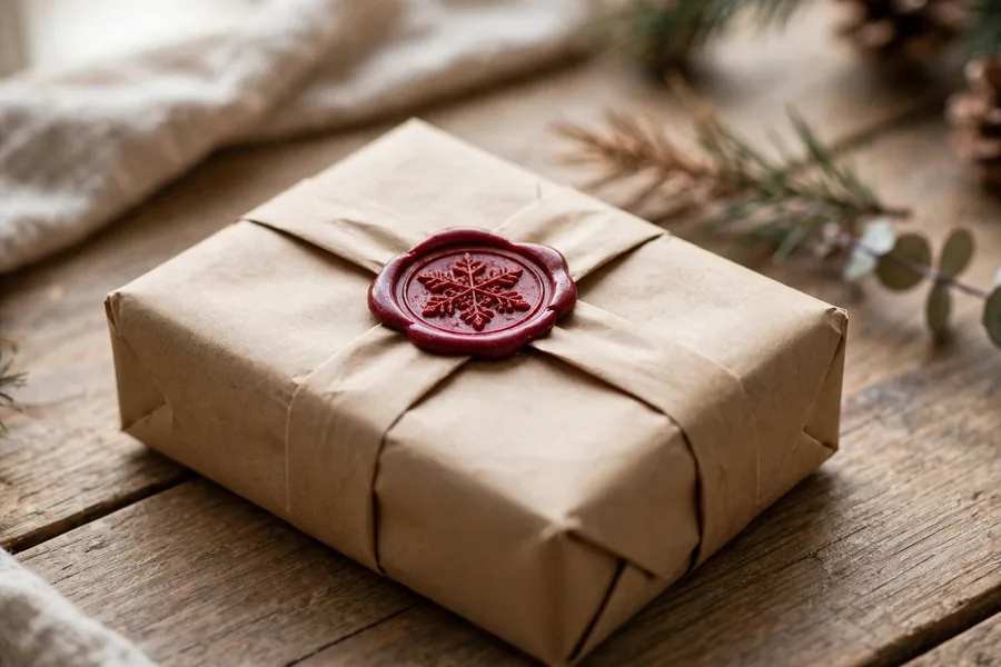 A Christmas gift wrapped in kraft paper sealed with a deep red wax seal