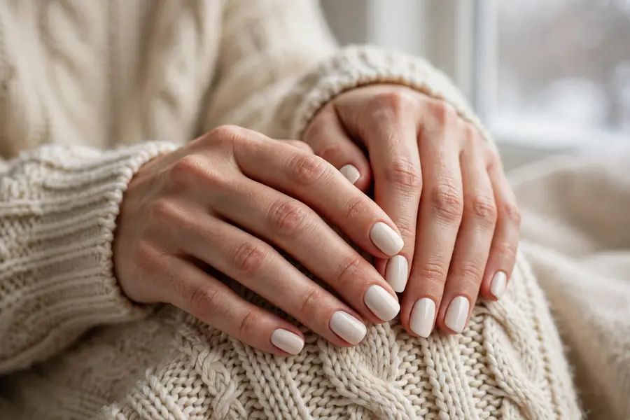 White chocolate hot chocolate nails on real hands in soft winter light