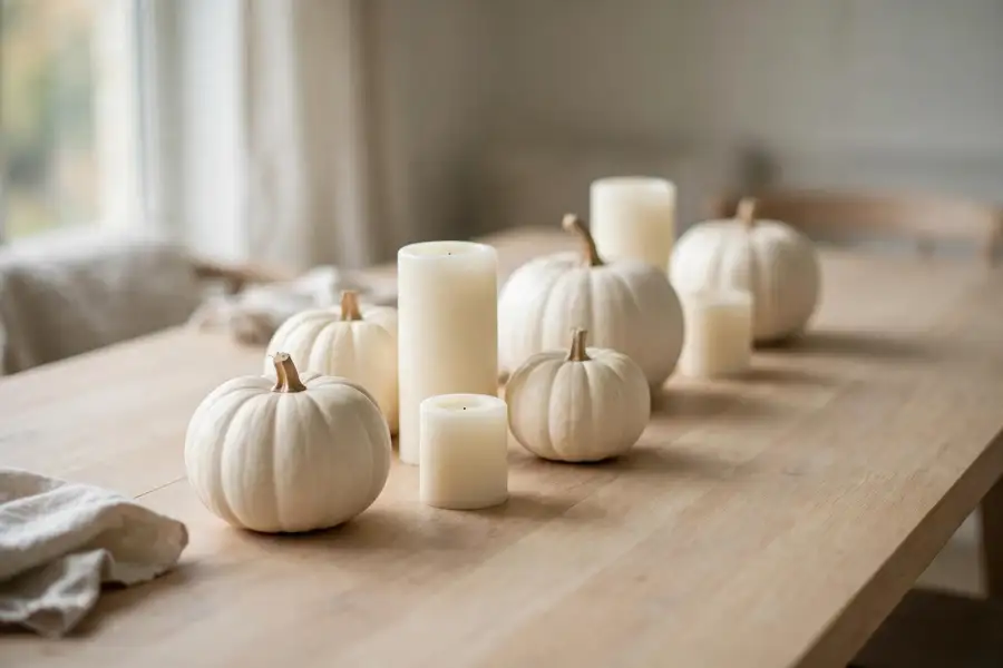 White pumpkins with pillar candles in minimalist thanksgiving decor