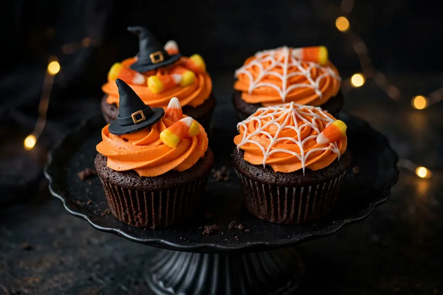 Halloween cupcakes with orange frosting topped with tiny witch hats and candy corn