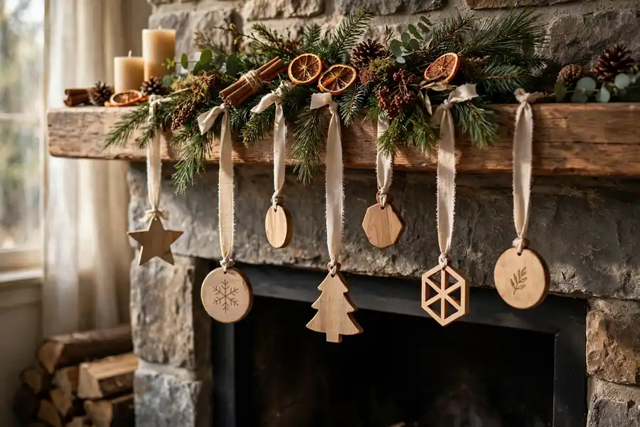 Wooden ornaments hanging from ribbons at different lengths on a mantel