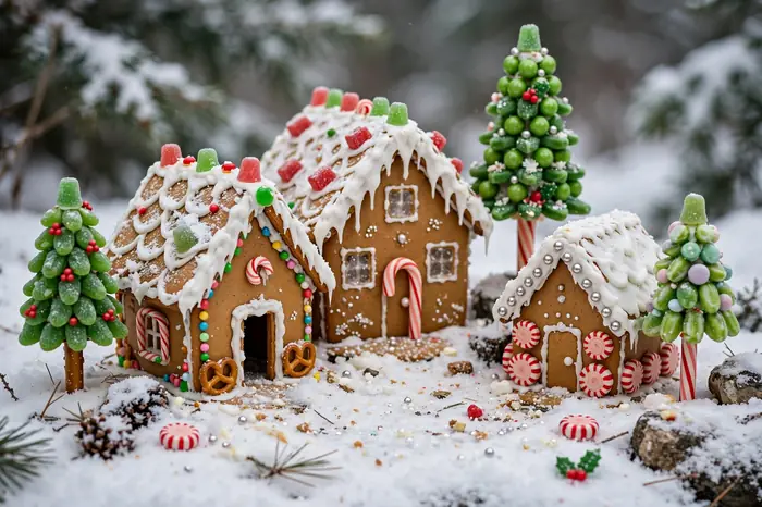 Photorealistic photograph of three small gingerbread houses arranged as a snowy village with candy trees and icing snow