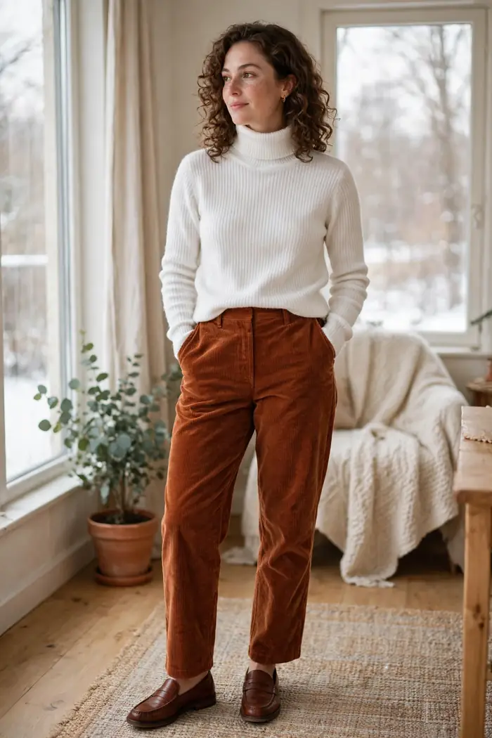 Woman wearing a white turtleneck with rust corduroy trousers and brown loafers