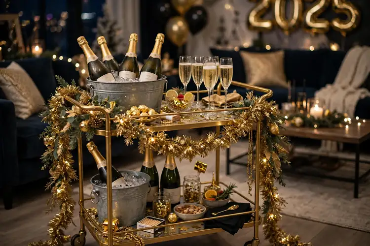 Sparkling champagne bar cart decorated for a New Year's Eve party