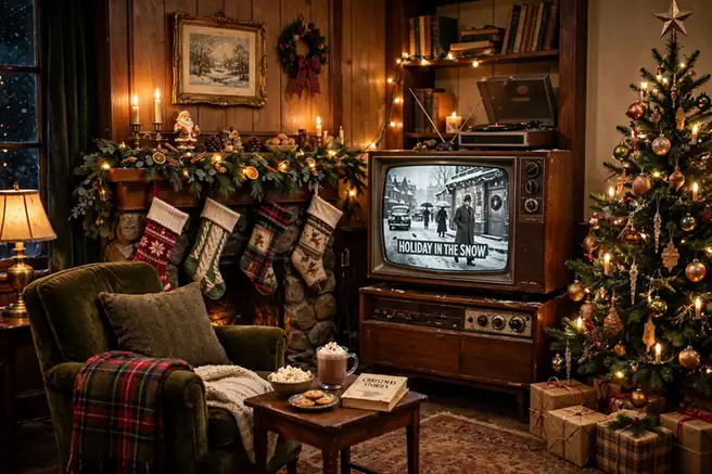 Vintage style Christmas living room with classic decor and an old holiday film on television