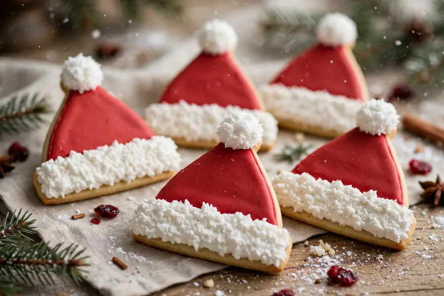 Santa hat cookies with red icing, white fluffy trim and pom-poms