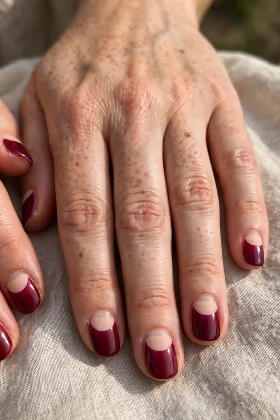 Cranberry half moon nails with nude cuticle moons