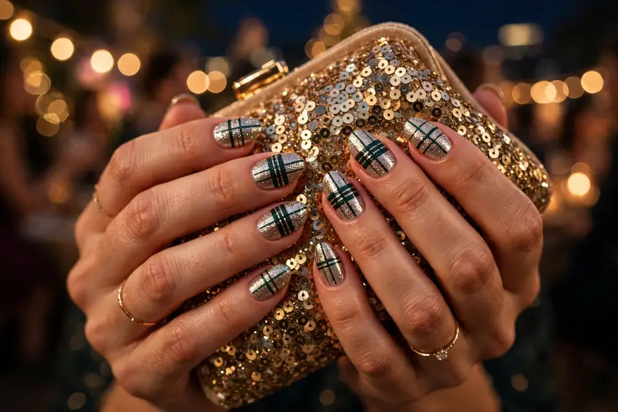 Glitter plaid party nails