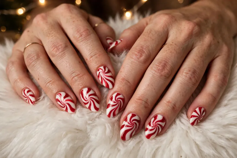Almond peppermint swirl nails in red and white on real hands
