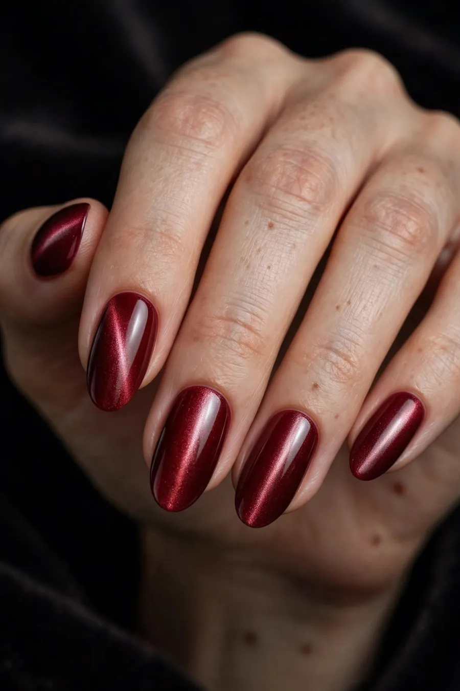 Almond wine dark red cat eye nails