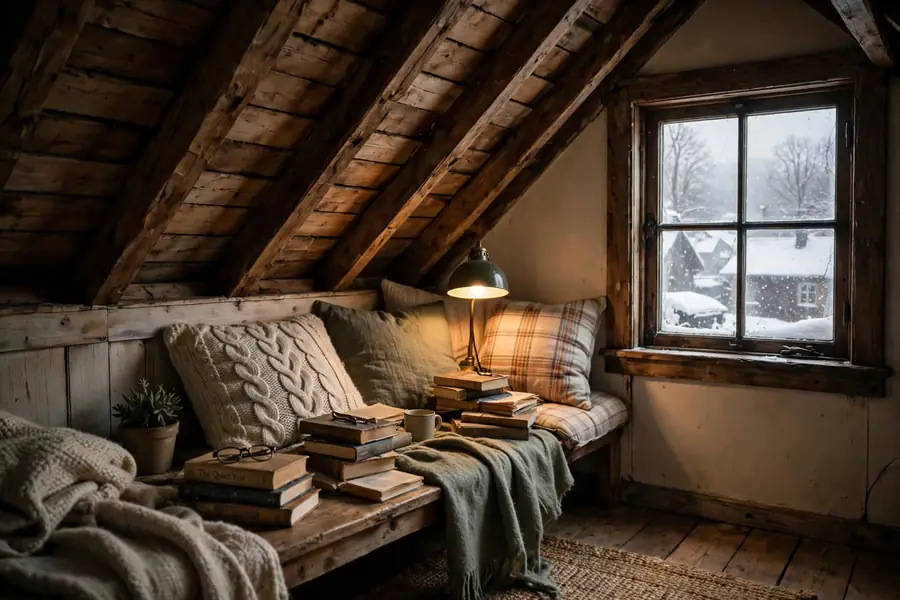 Cozy attic reading nook under sloping eaves with cushions books and a lamp