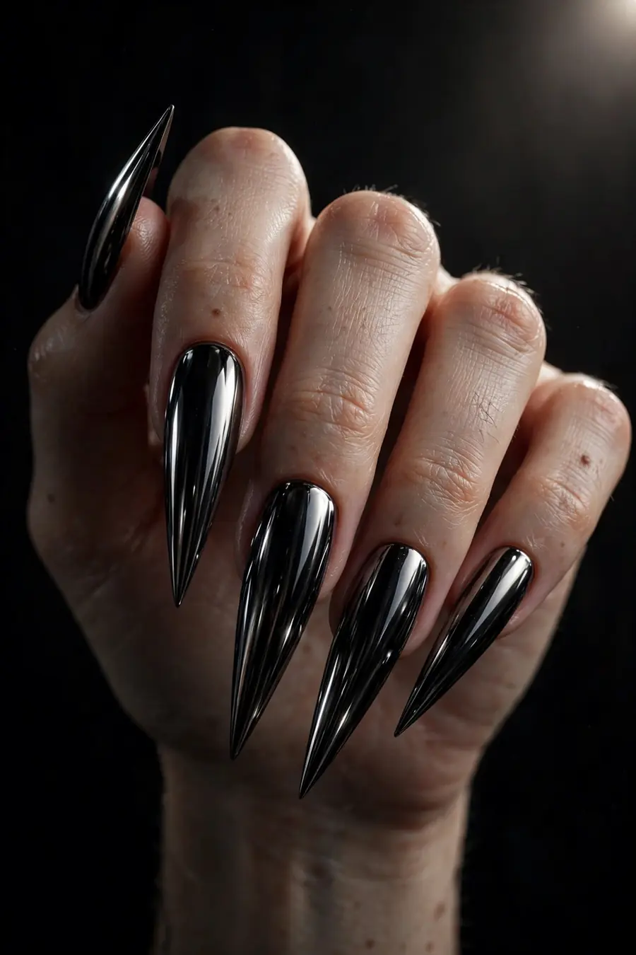 Black gothic chrome nails on sharp stiletto nails